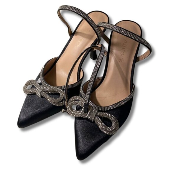 Black Stiletto Strappy Black Pump with Clear Rhinestones and Bow Accent - Picture 1 of 6
